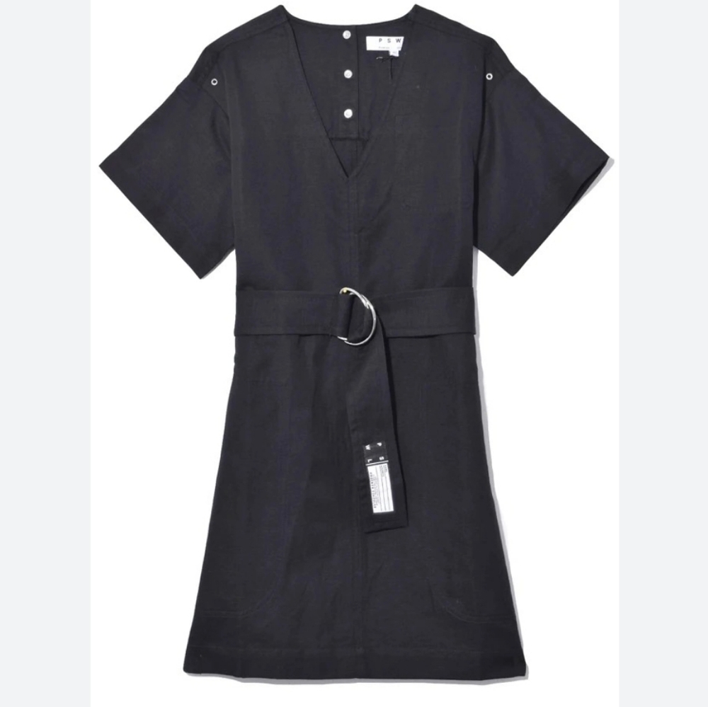 Proenza Schouler PSWL Linen Blend V Neck Shift Tunic Dress Black Sz 4 NWT